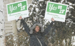 Gabby Thomas is one of the supporters that has been out on the streets of Breckenridge in the past week encouraging people to vote for measure 2F. (Photo by Mark Fox)